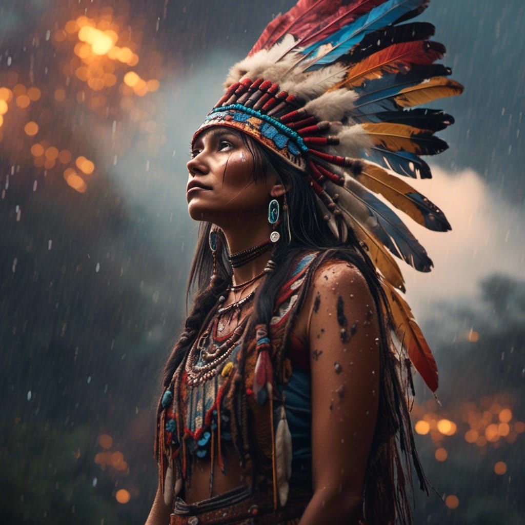 Beautiful Woman Looks Up at Rainy Sky