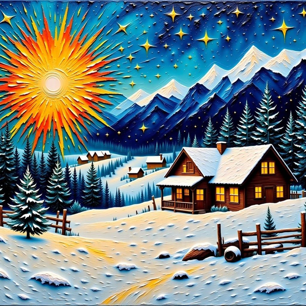 Winter Cabin Scene with Fireworks in Impasto Style