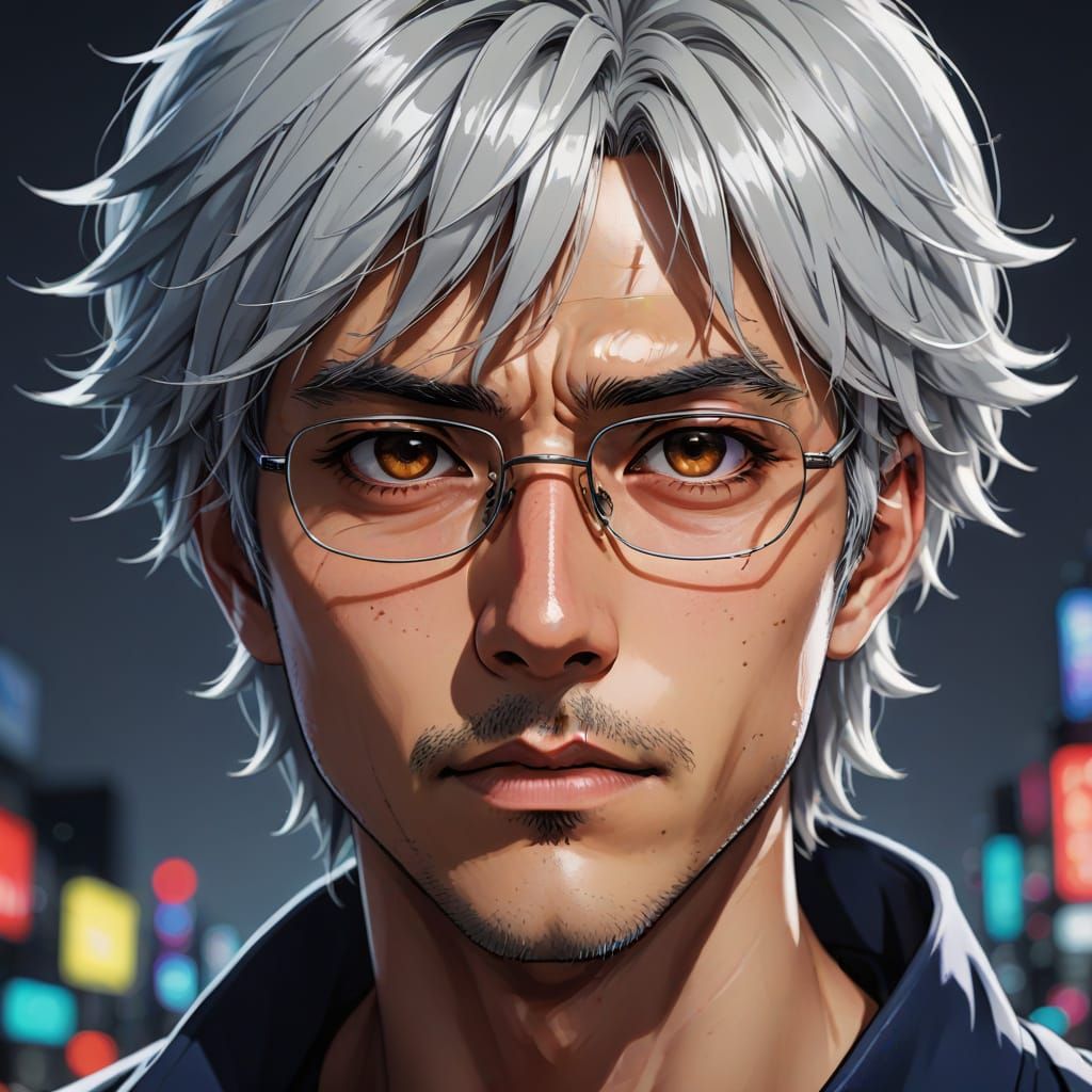 Anime Man with White Hair and Intense Gaze