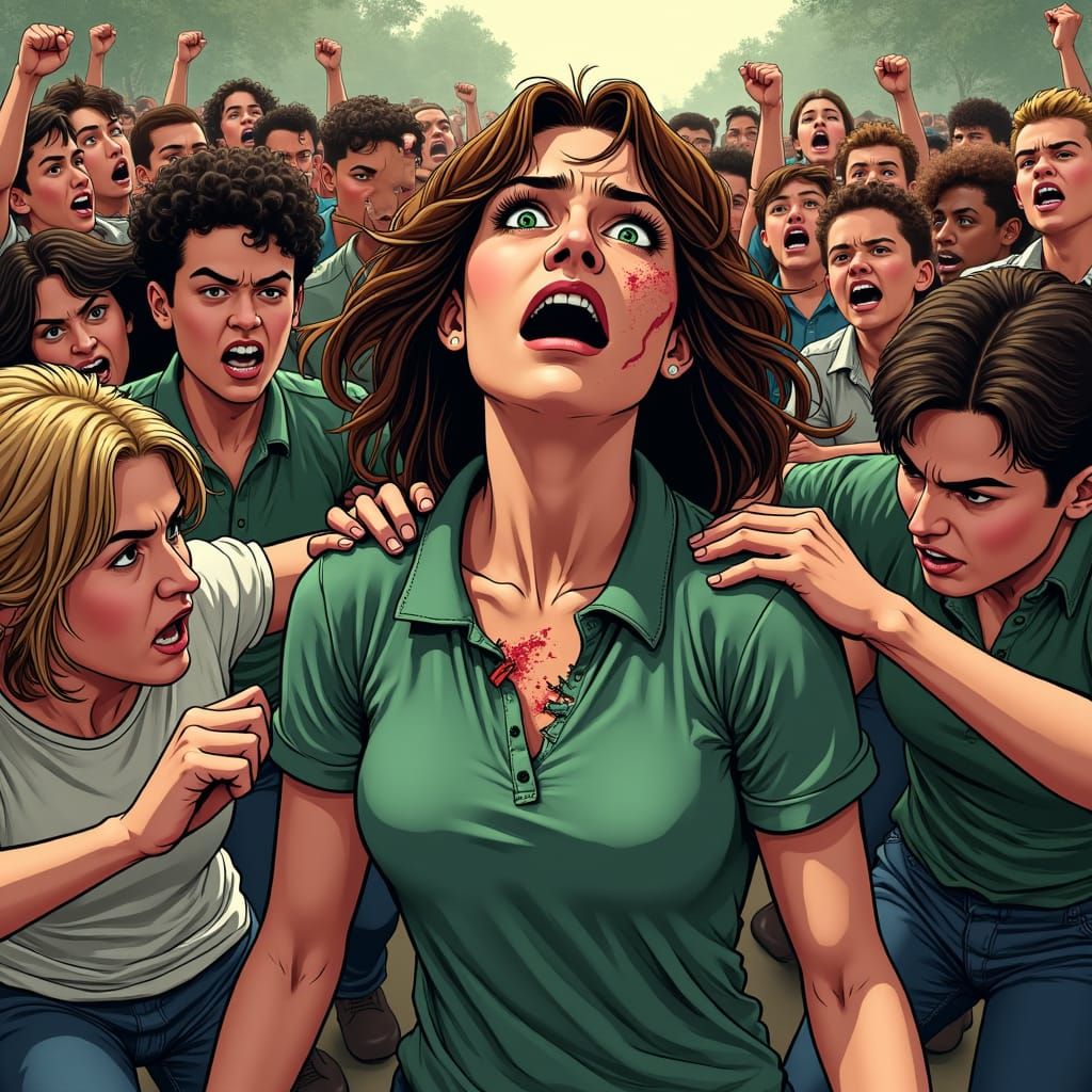 Woman Cowers in Fear in Comic Book Style