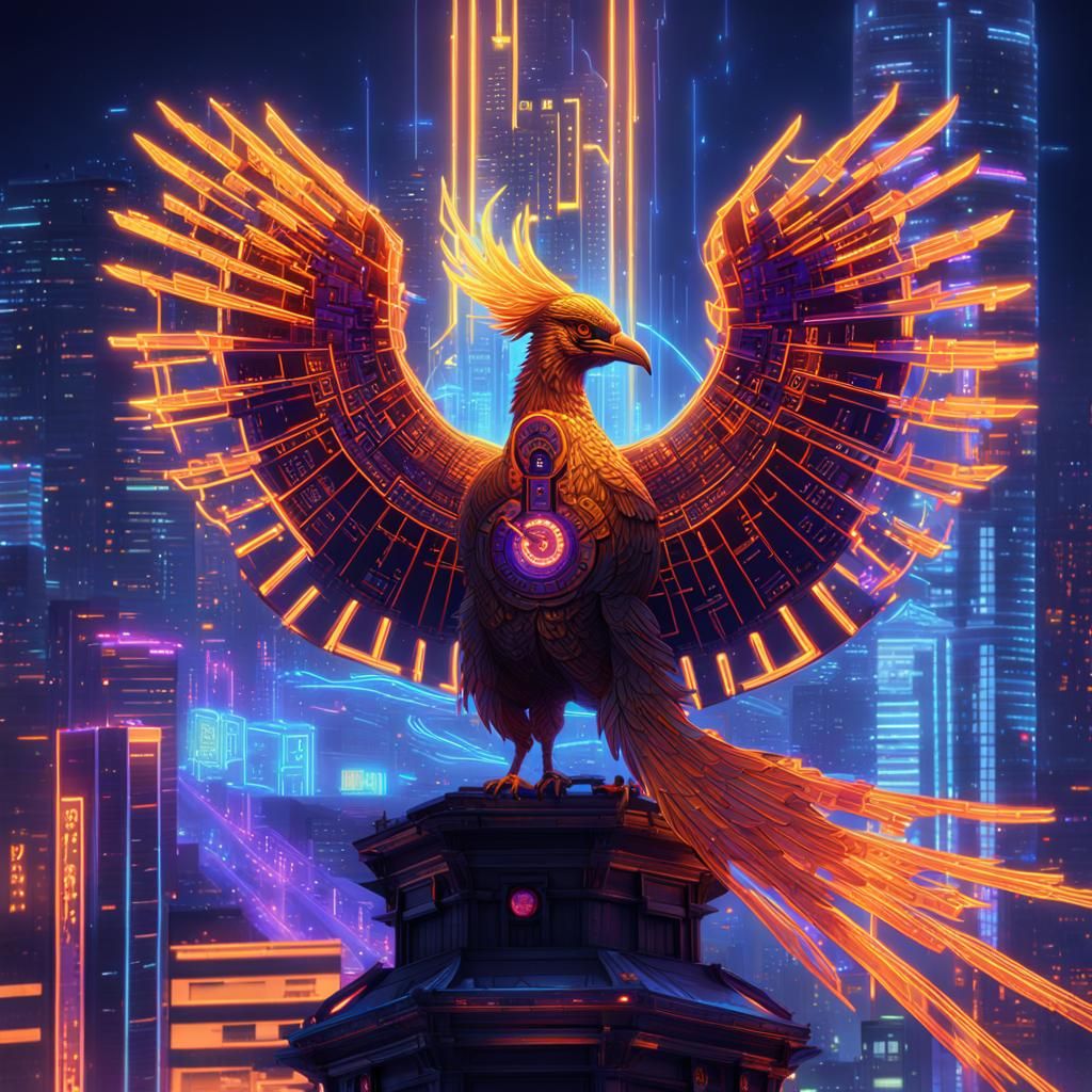 Cyberpunk Phoenix on Digital Clocktower