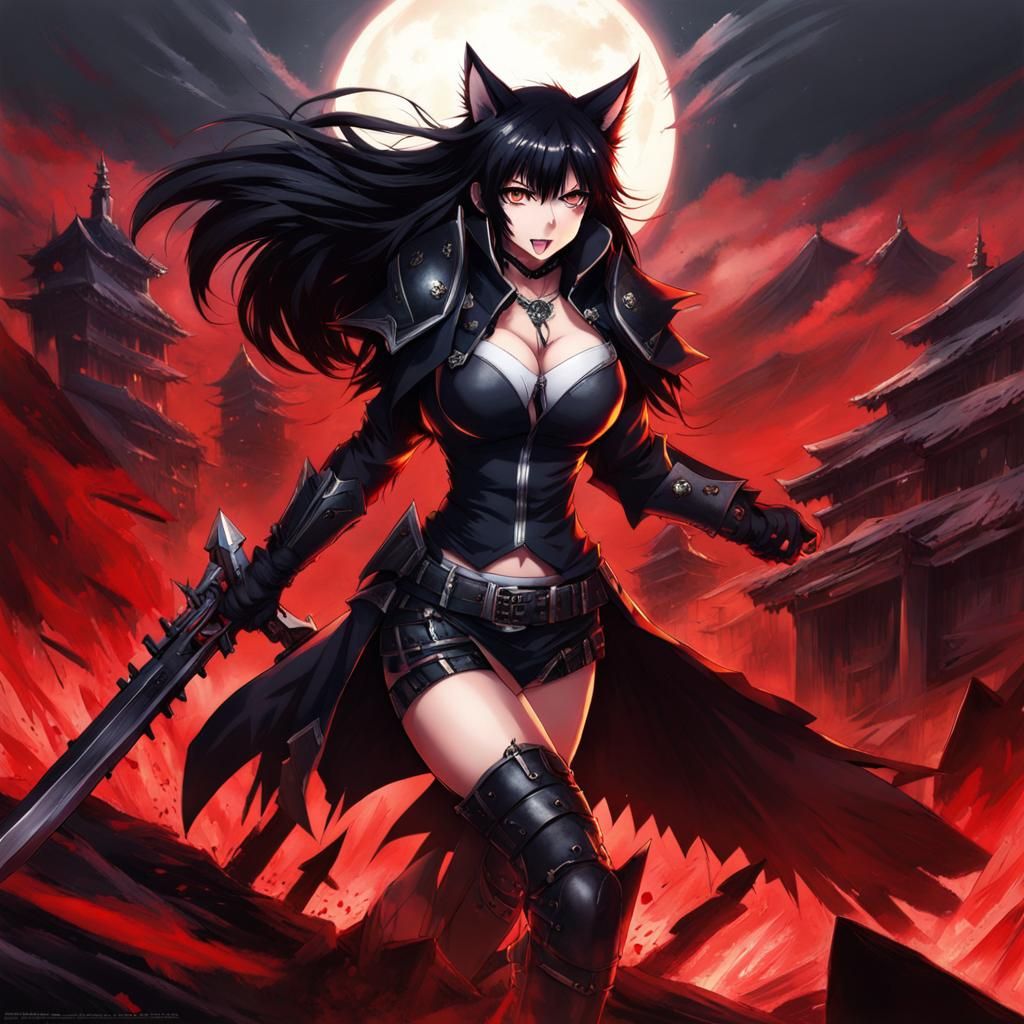 Fierce Anime Wolf Woman on Battlefield