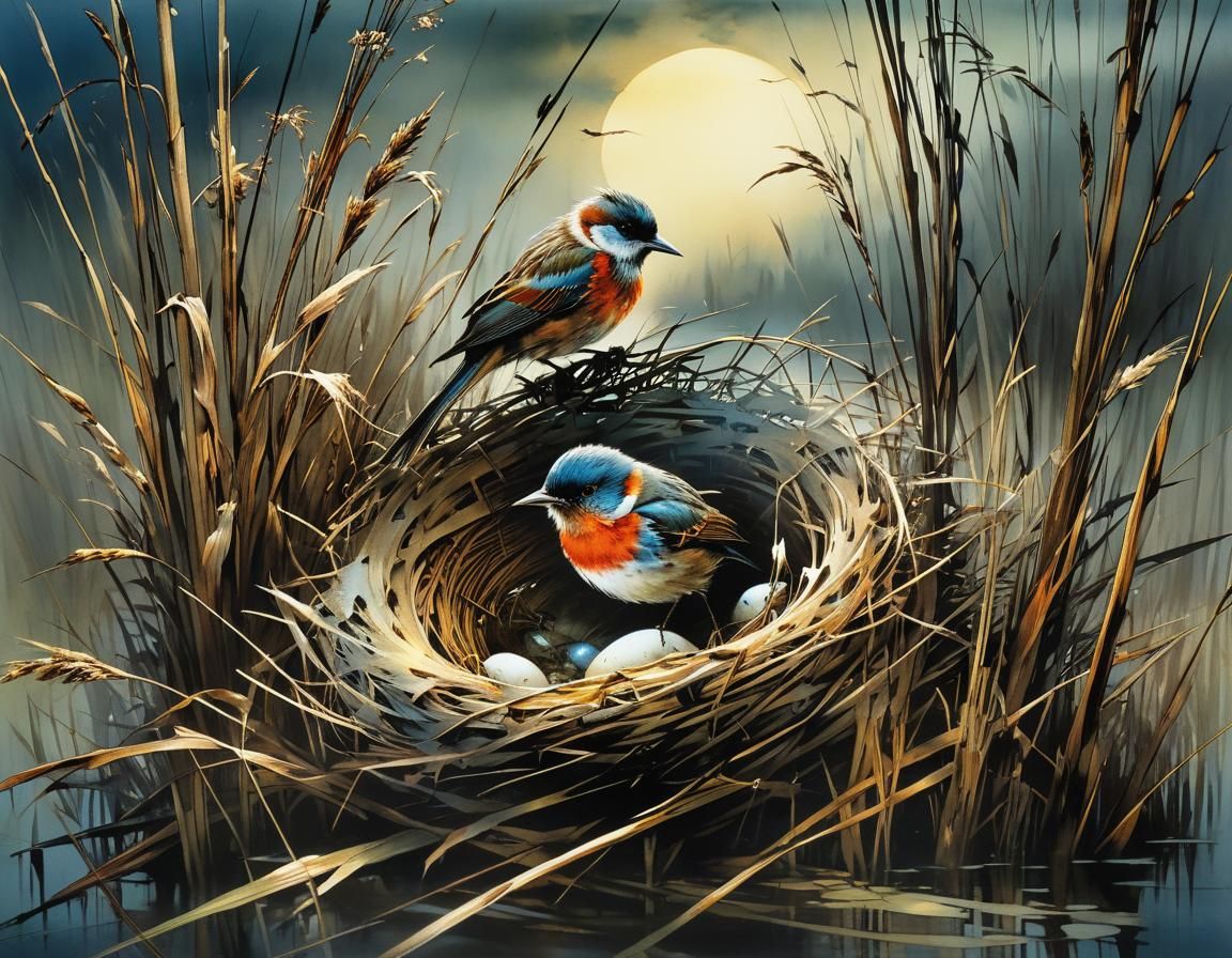 Surreal Bird's Nest Scene in Noctilucent Hues