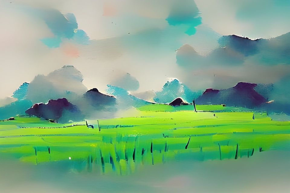 Minimalist Grassy Field in Watercolor Gouache Style