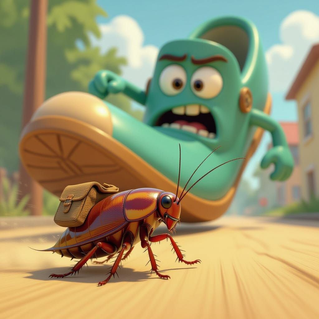 Frightened Cockroach Flees Giant Slipper in 3D Pixar Style