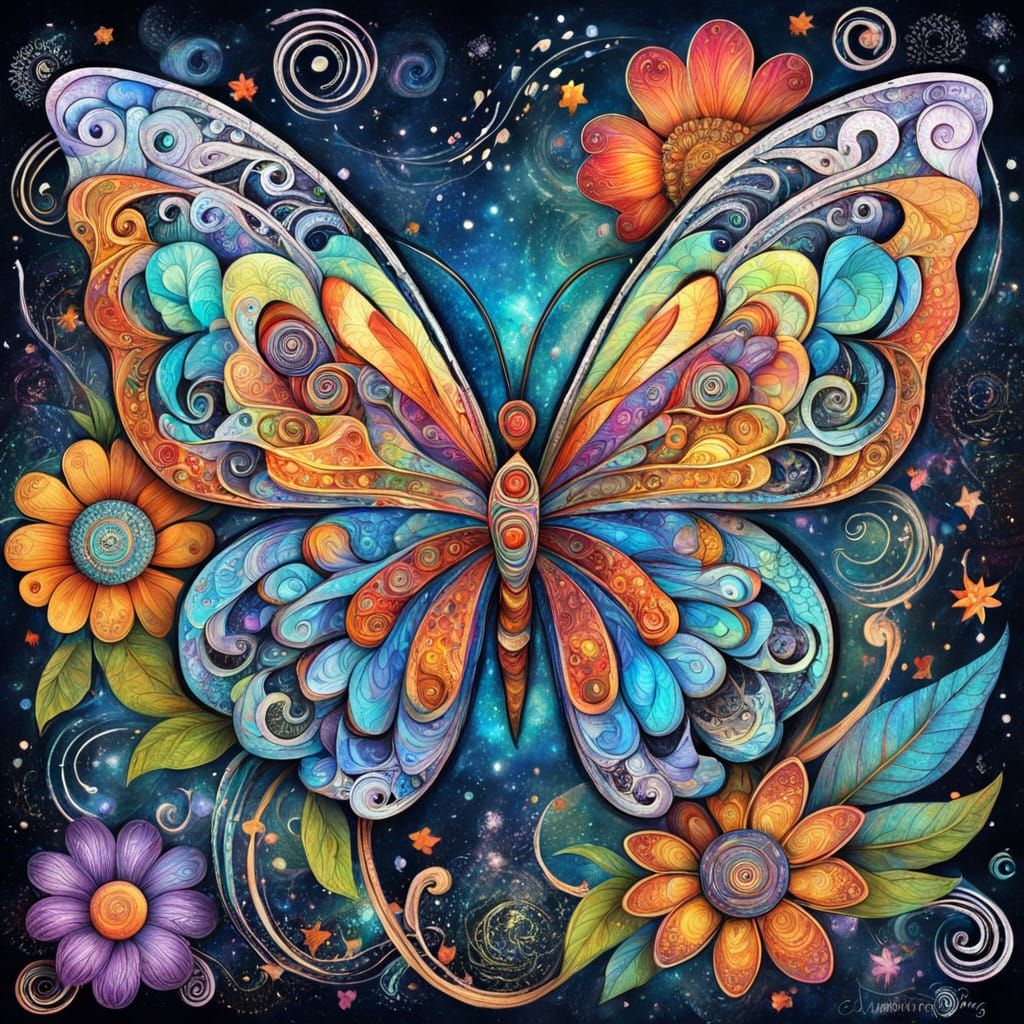 Vibrant Cosmic Butterfly in Whirling Floral Swirls