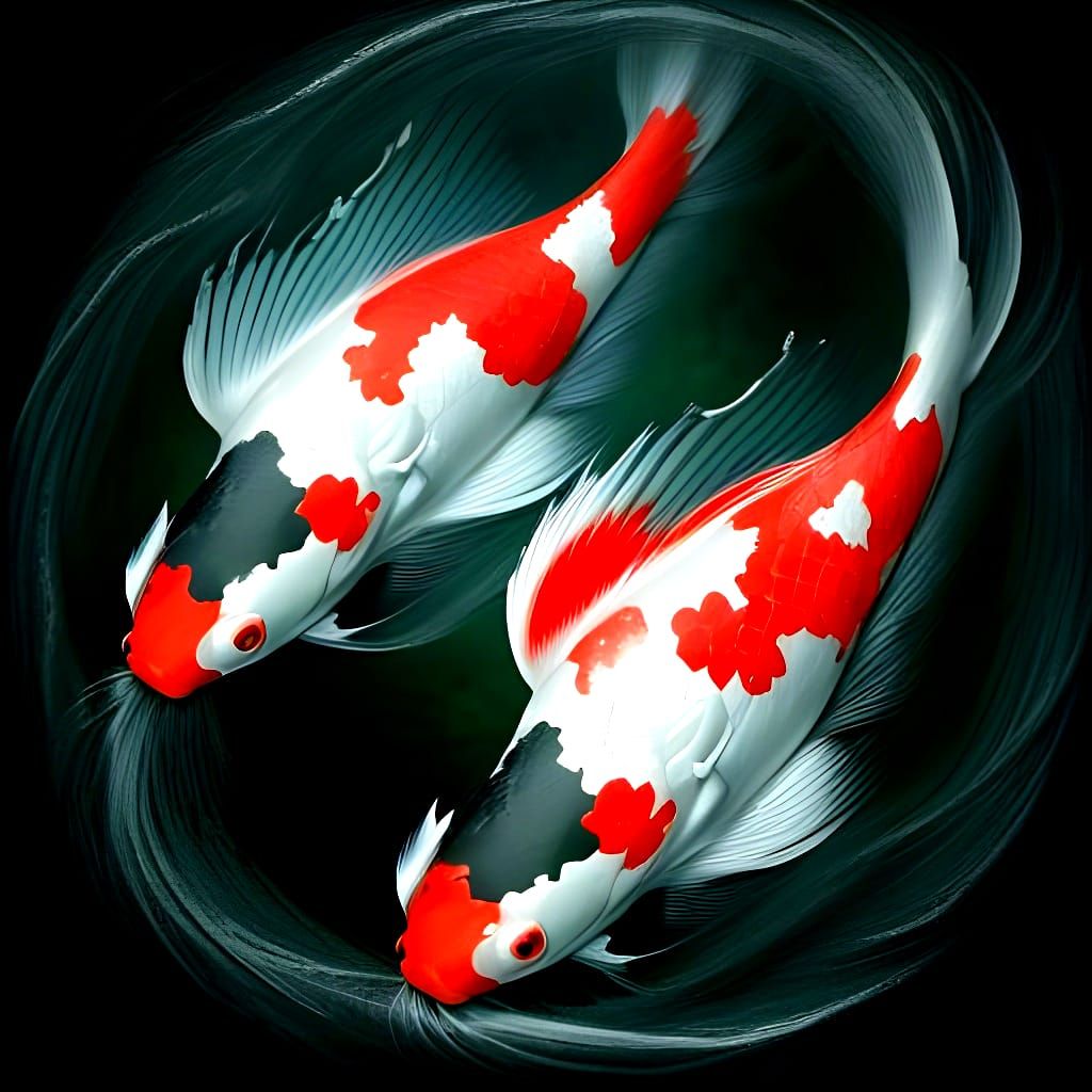 Red and White Koi Fish in Japanese Print Style
