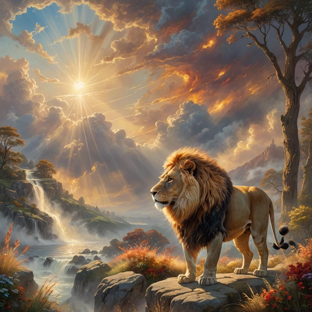 Ethereal Lion in Divine Clouds: Kinkade Style
