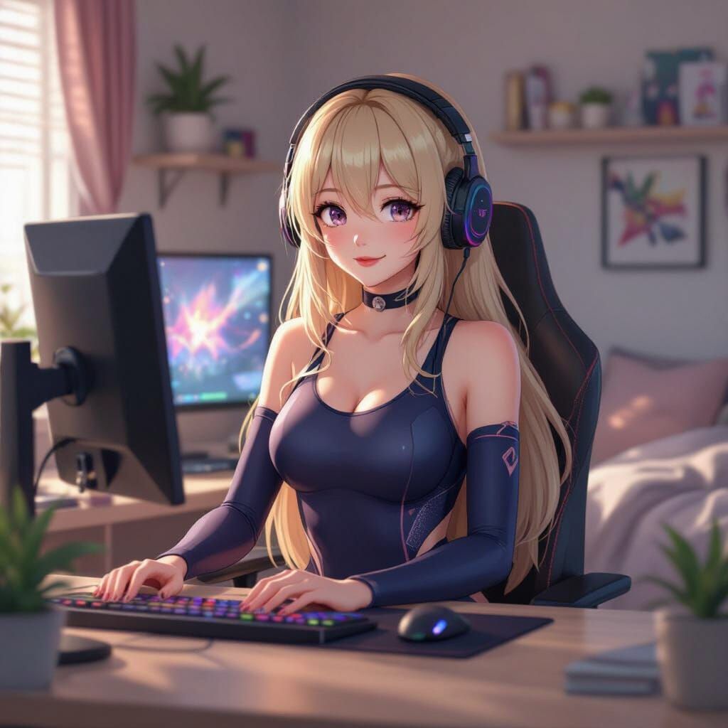 3D Anime Streamer at Desk in Cozy Bedroom