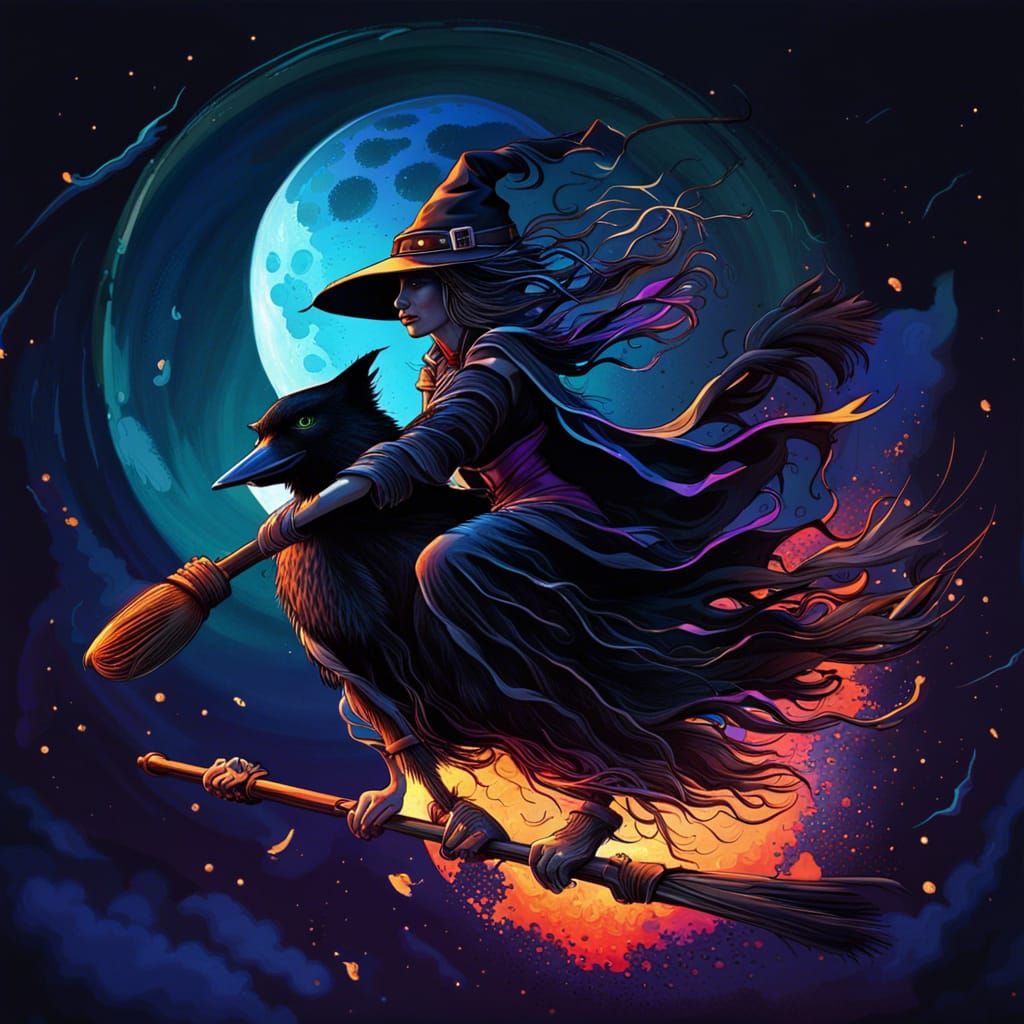 Night Witch Rides Broom Under Glowing Moon