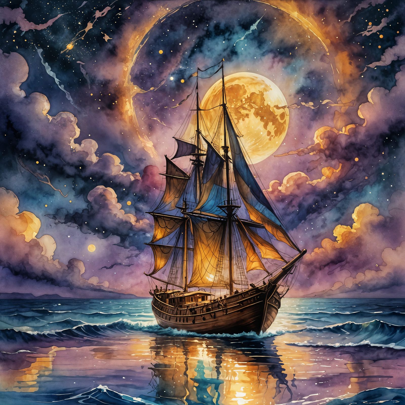 Mystical Boat Glides on Ethereal Ocean