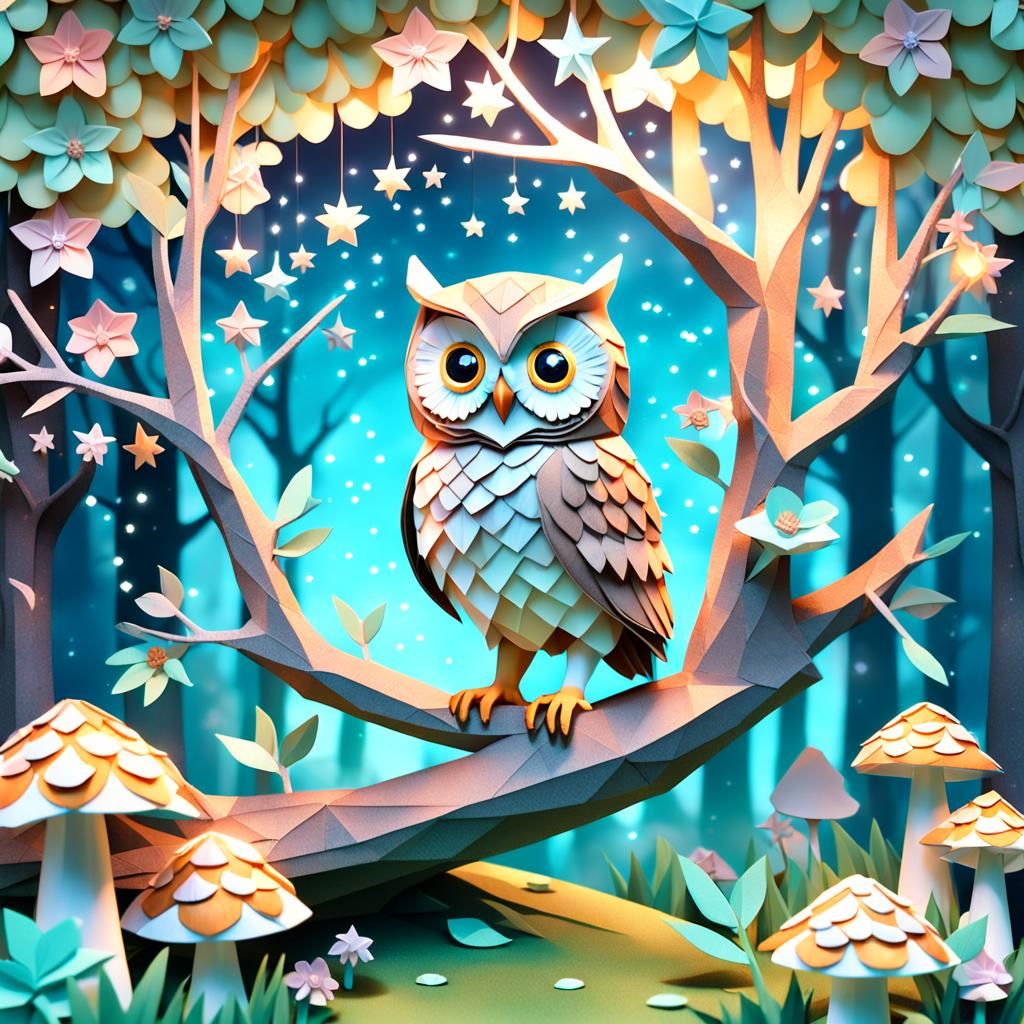 Enchanting Origami Owl in Whimsical Fantasy Scene