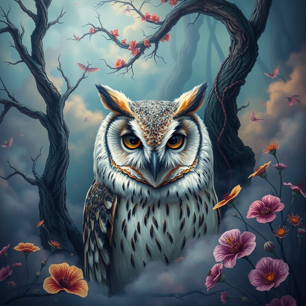 Barn Owl Portrait in Misty Surreal Forest
