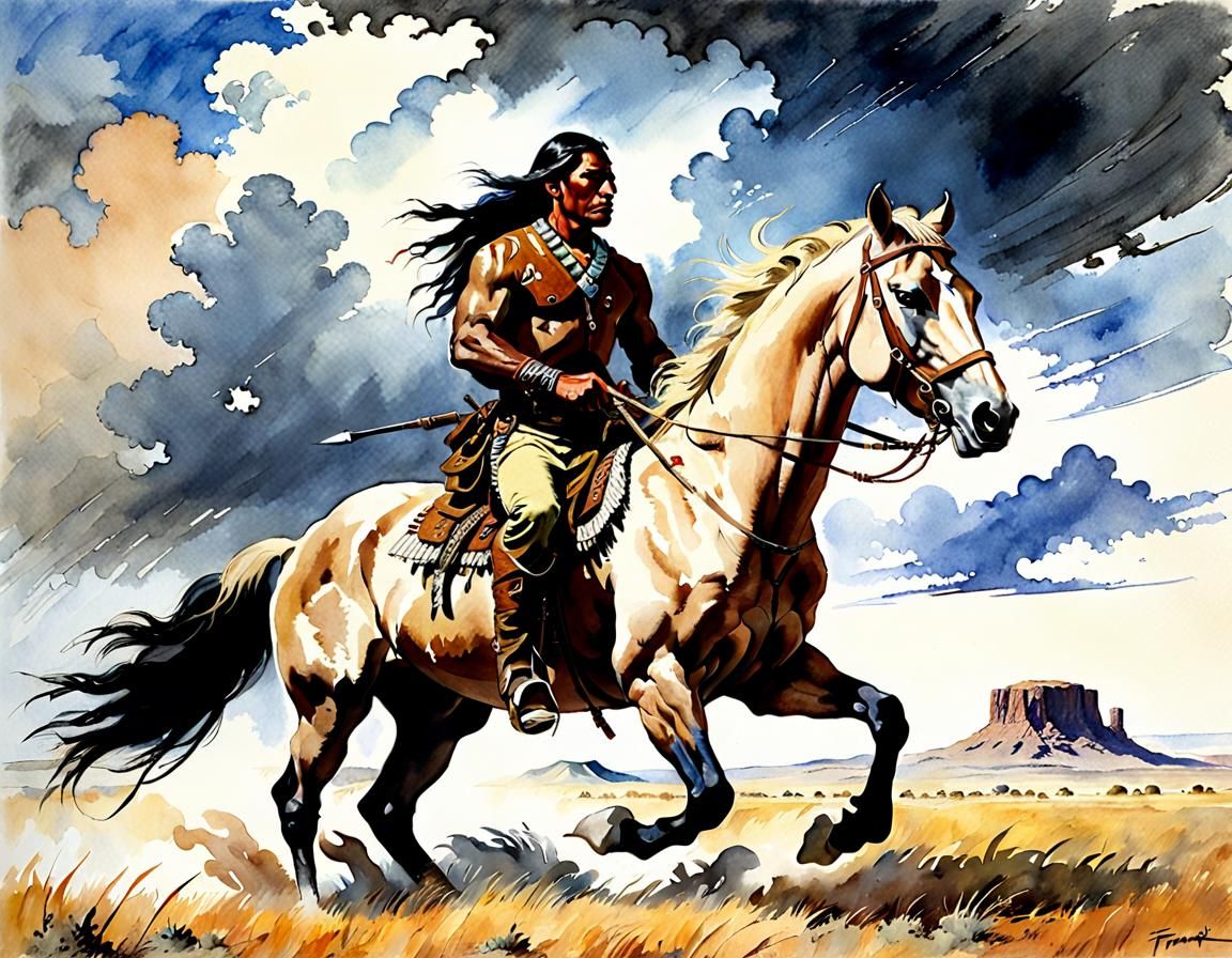 Sioux Brave Hunting on Palomino Stallion