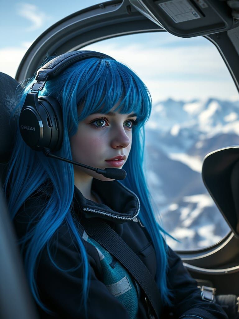 Norwegian Girl in Helicopter Cockpit, Snowy Mountains