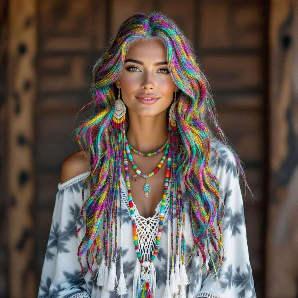 Hippie Woman with Macrame Hair and Tie-Dye Dress