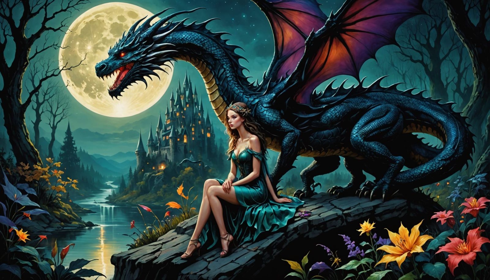 Fairy and Dragon Friends in Moonlit Woodlands