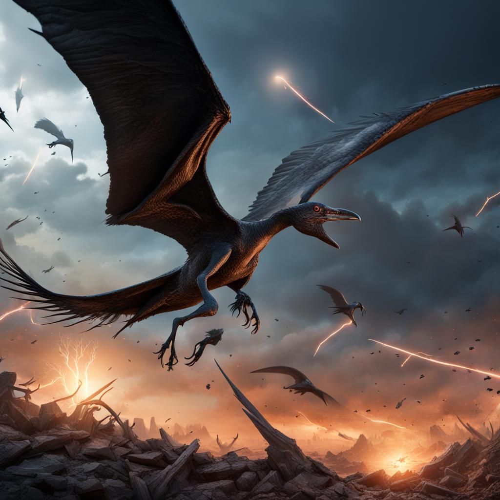 Pterodactyl Hunt in Cataclysmic Sky: Detailed Matte Painting
