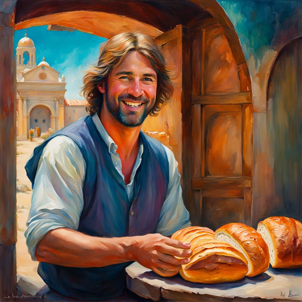 Cheerful Man with Bread near Pearlescent Portal