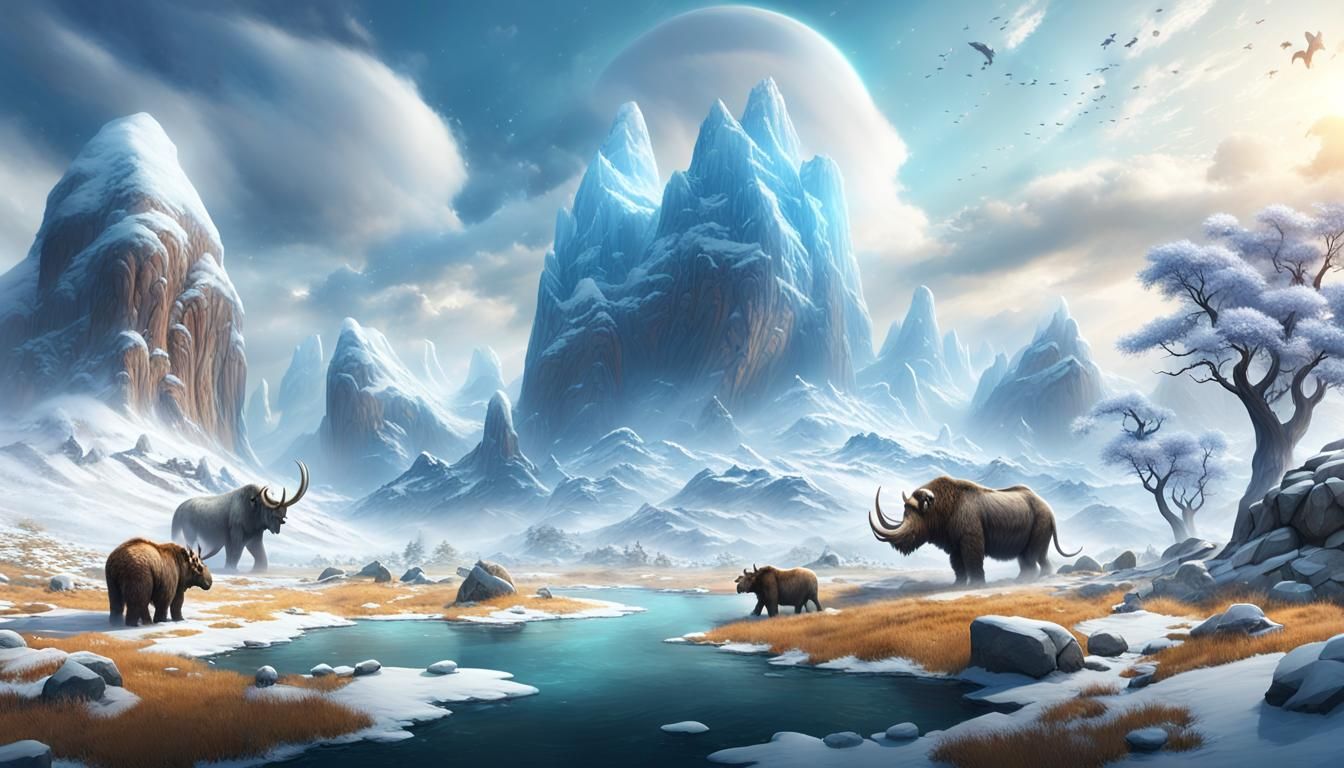 Ice Age Mammoths in Spring Fantasy World