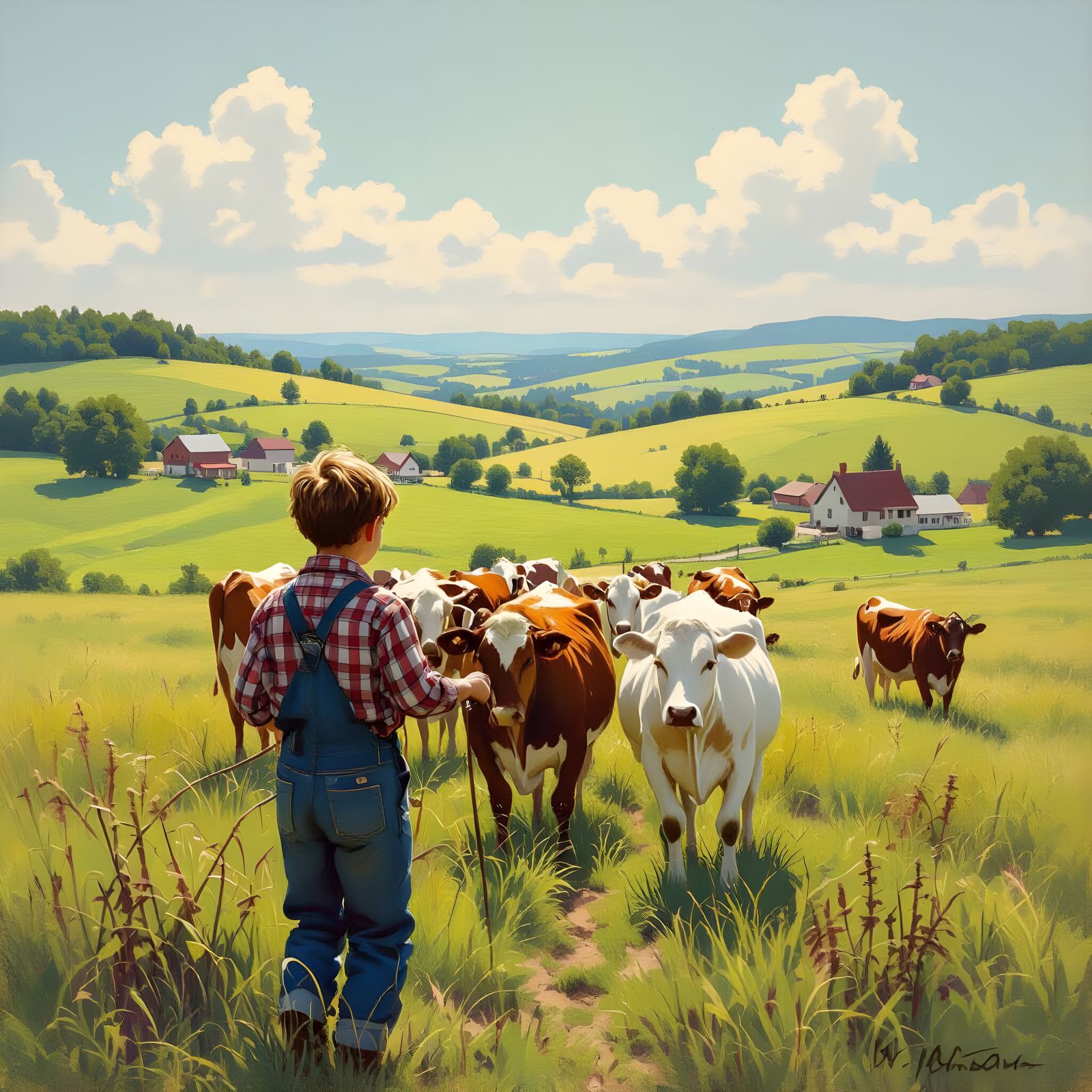 Idyllic Rural Scene with Boy Herding Cows