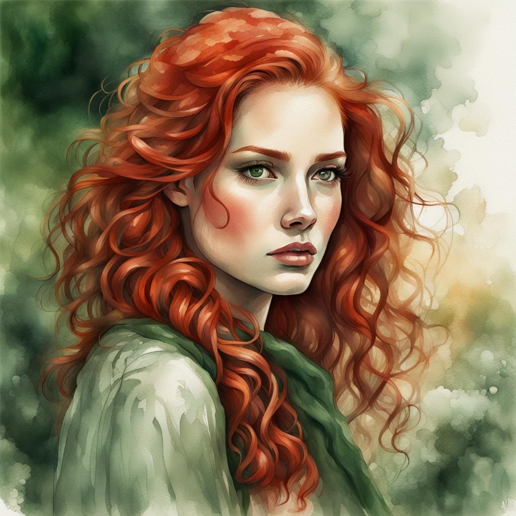 Redhead Woman Portrait in Watercolor Style