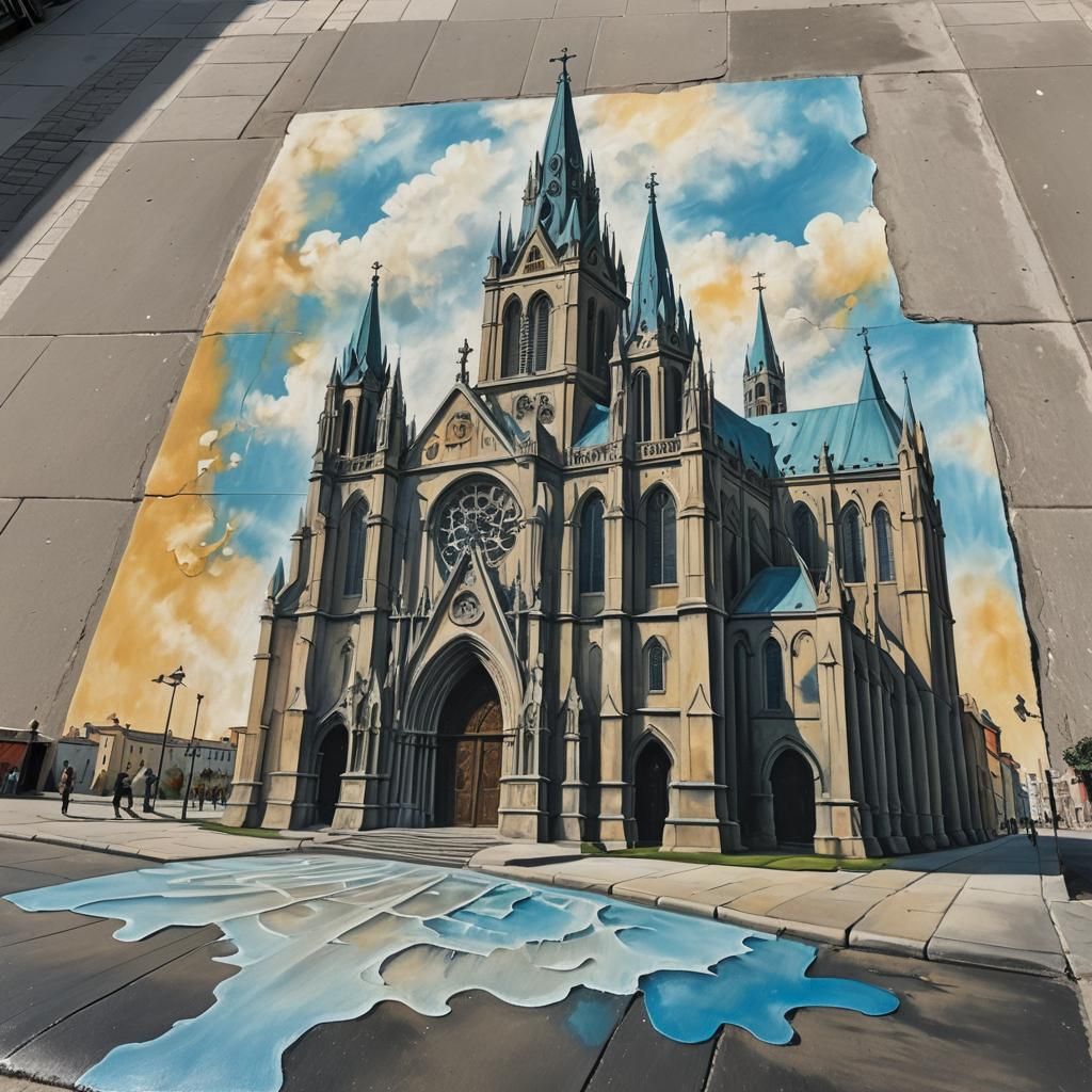Surreal Cathedral Chalk Art in Salvador Dali Style