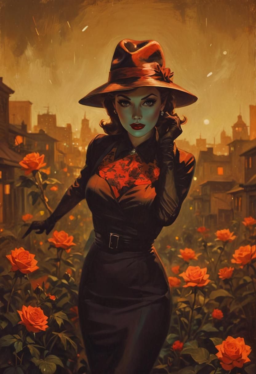 Vintage Pin-Up in Noir Night Scene