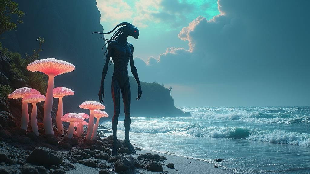 Alien Figure on Iridescent Fungus Beach