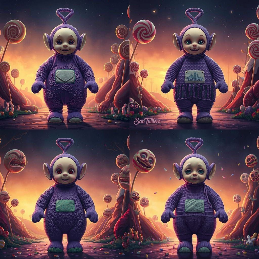 Surreal Teletubbies Confrontation in Candyland