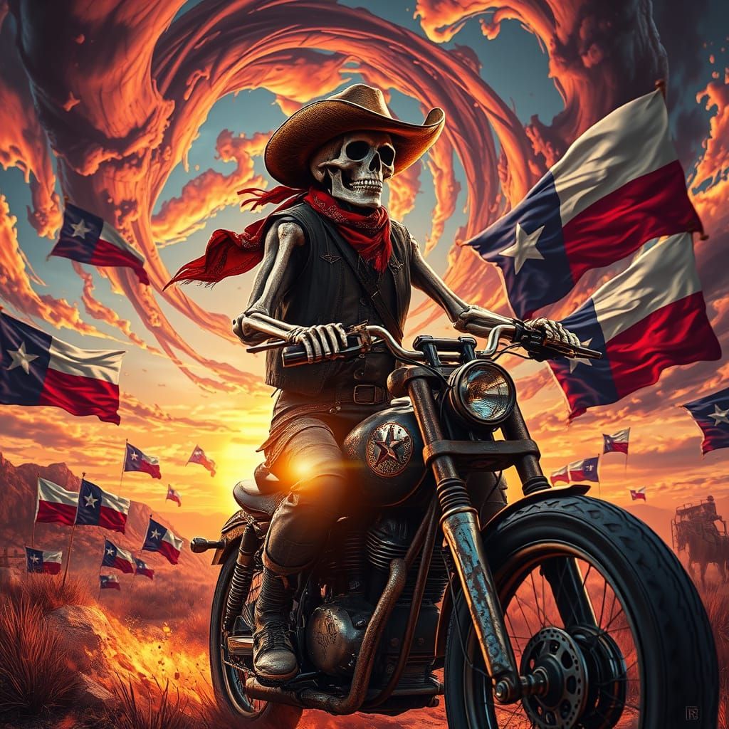 Cowboy Skeleton Rides Motorcycle Through Texas Sunset