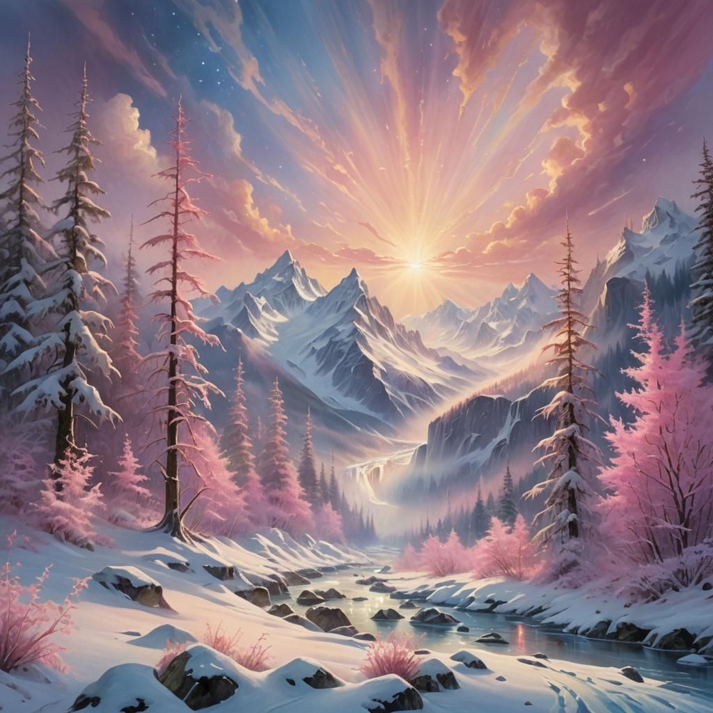 Mystical Forest: Pink Rays on Snowy Glaciers