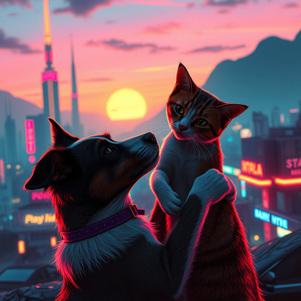Dog and Cat's Last Embrace in Synthwave Style