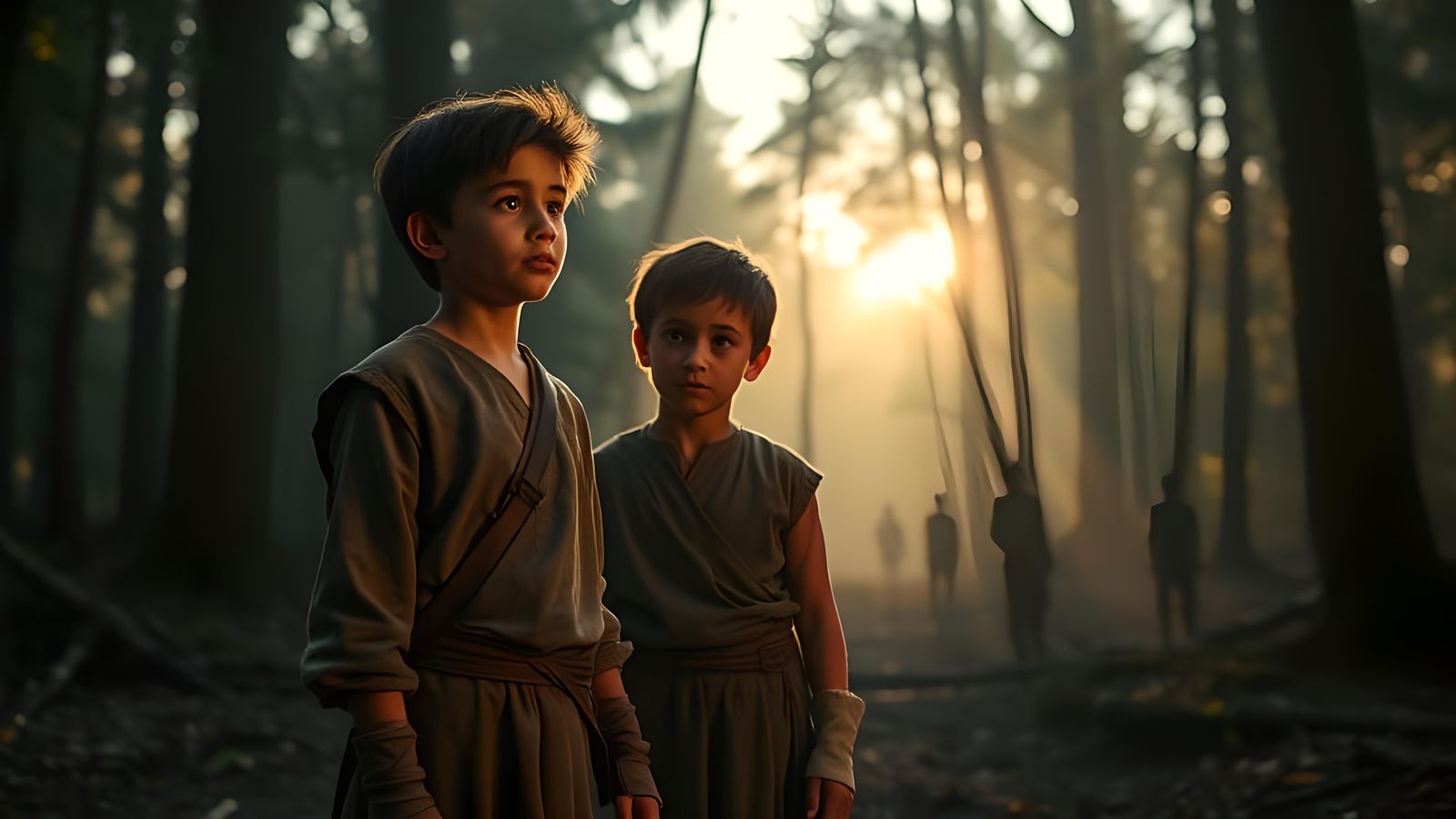 Emotional Forest Moment: Two Boys in Dawn Light