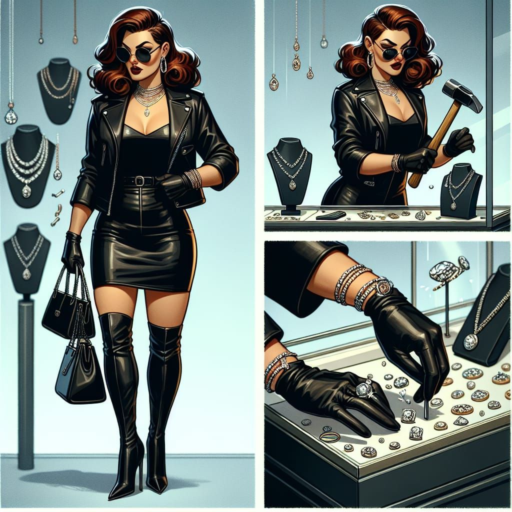 Confident Woman Robs Jewelry Store in Leather Outfit
