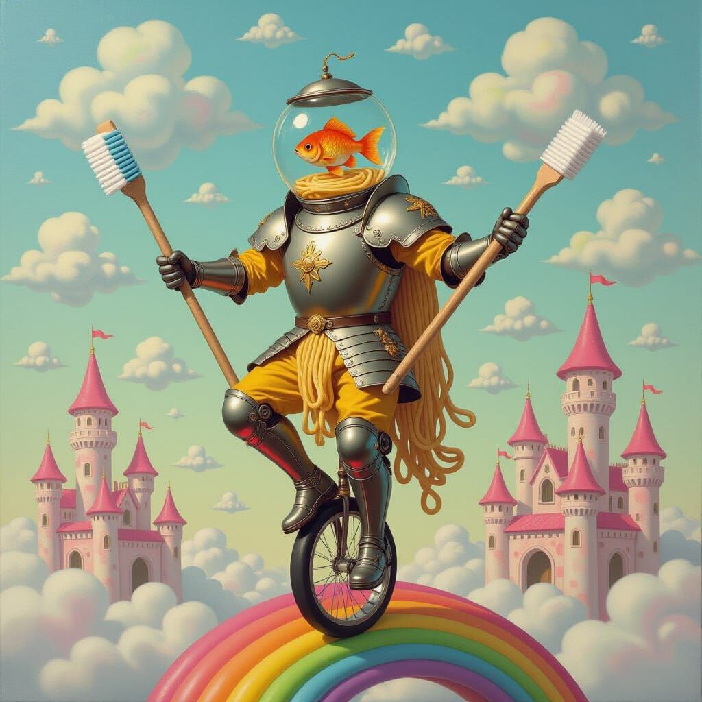 Man-At-Arms in Spaghetti Armor Rides Unicycle on Rainbow
