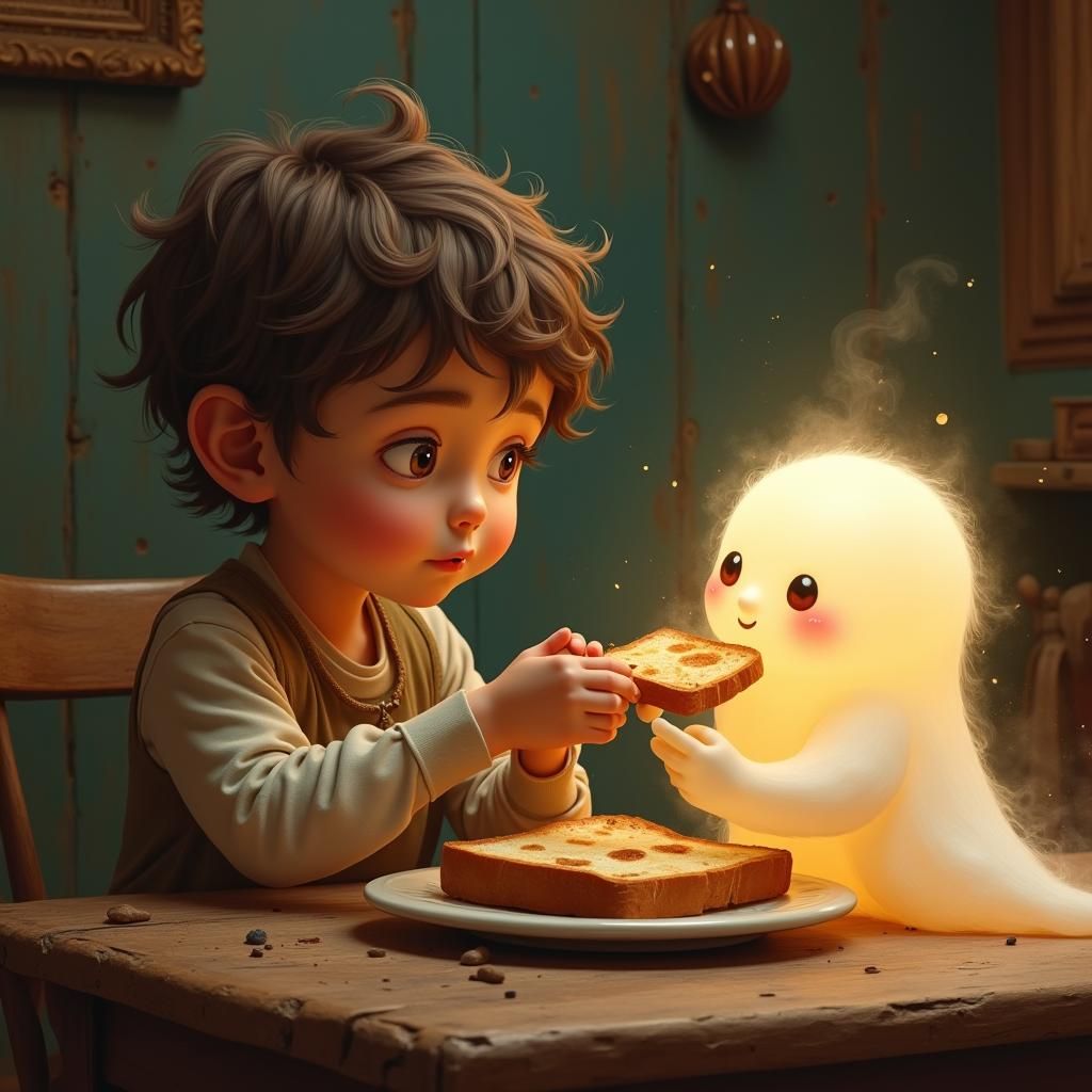 Child Feeds Ghost Toast: Impressionist Fantasy Art