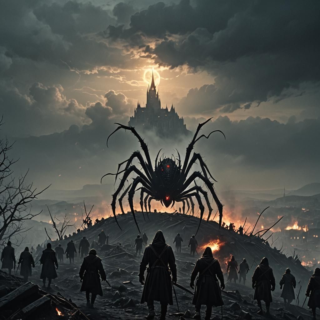 Dark Fantasy Human-Spider Hybrid in Gothic Landscape
