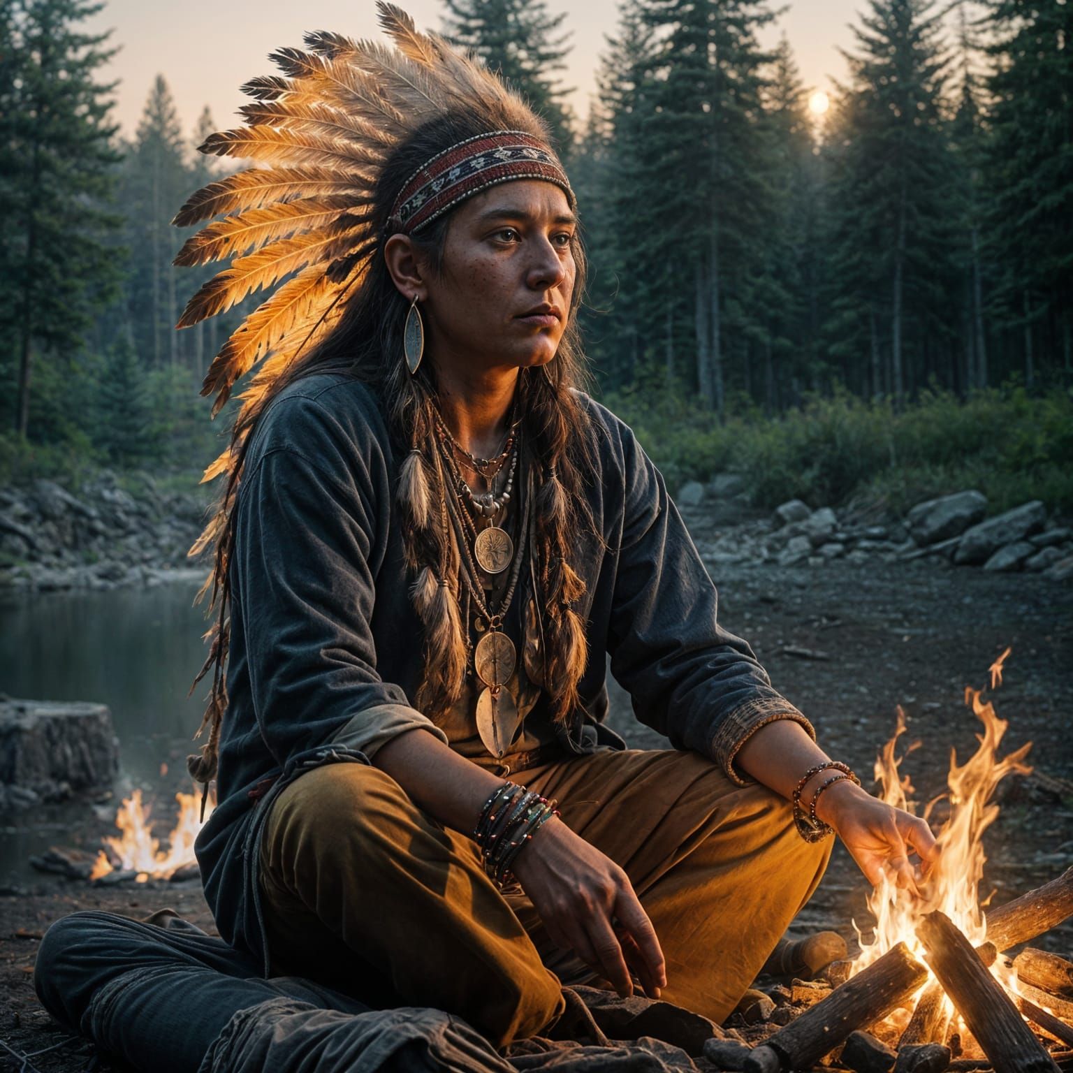 Native American Shaman Levitates Above Campfire in Moonlit S...