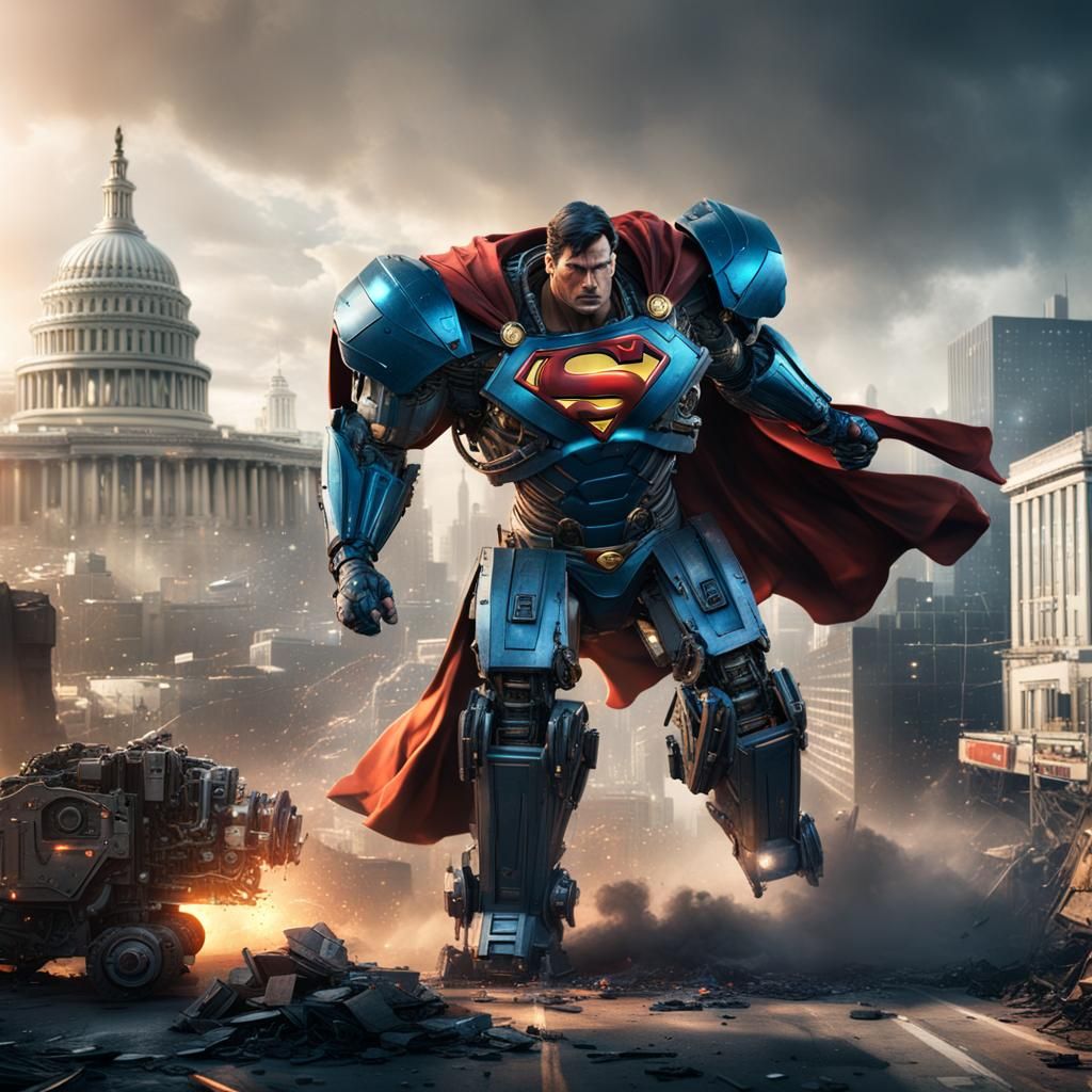 Superman vs Robot in Washington: Cinematic Matte Painting