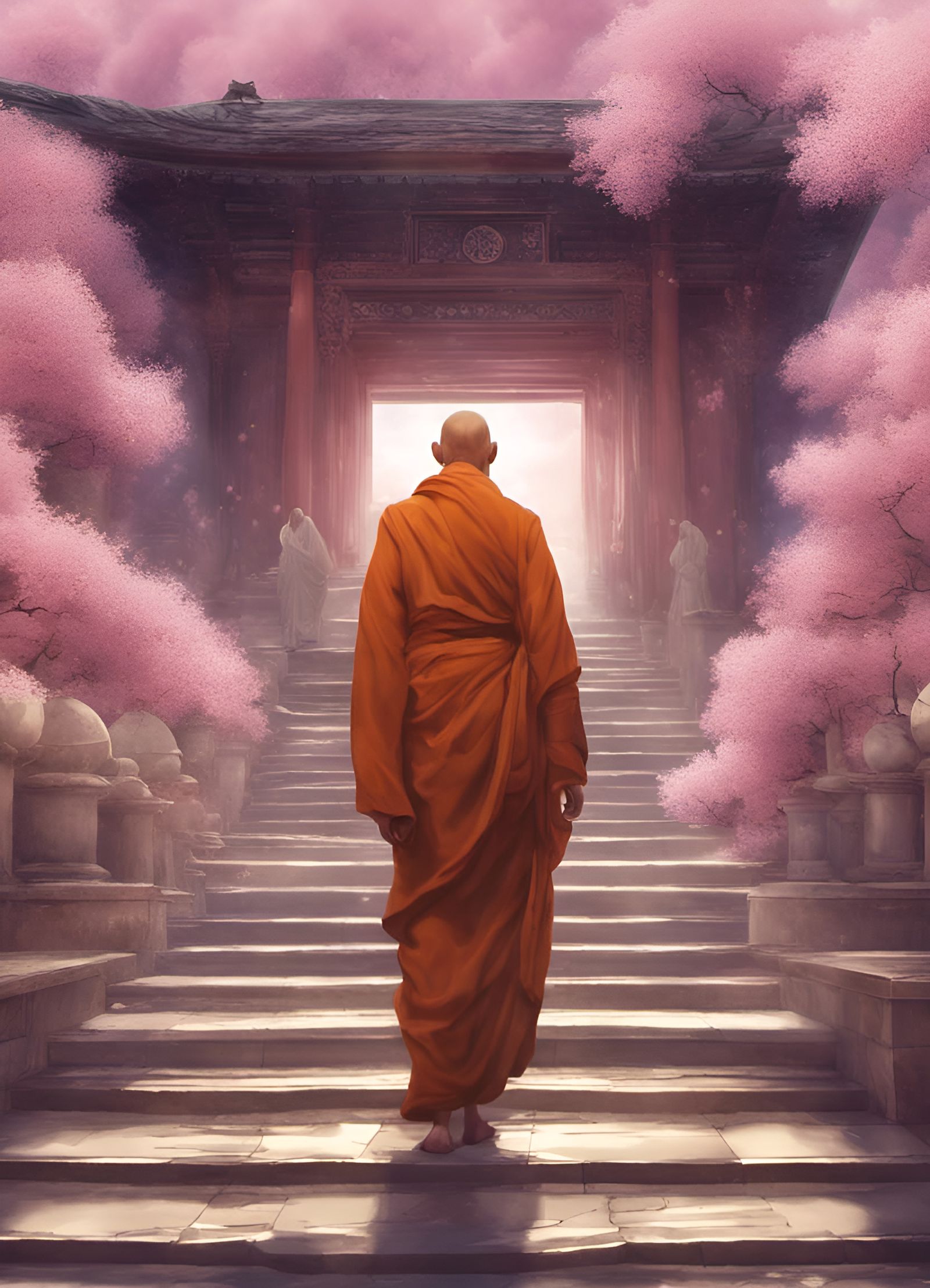 Monk Ascends to Temple Under Blossoming Trees