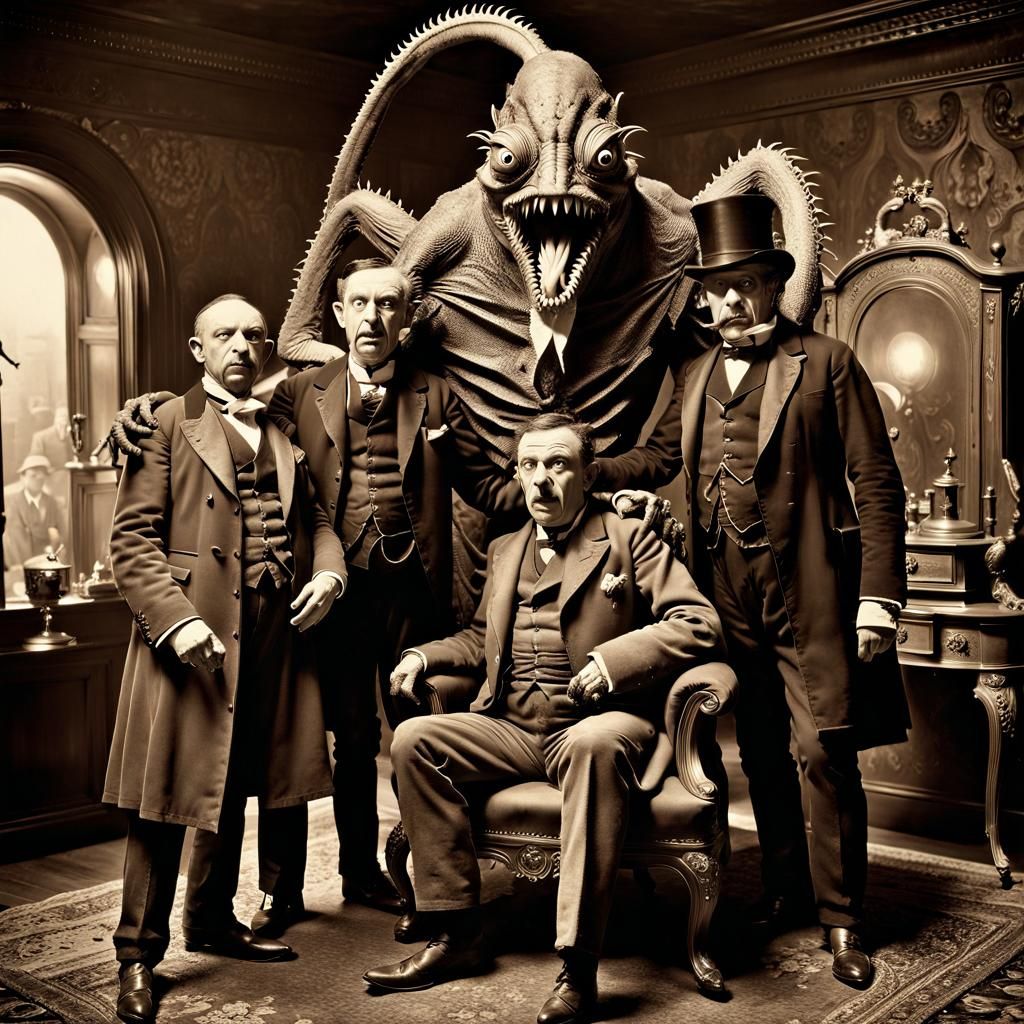 Sepia Photo of Lovecraftian Monster with Gentlemen