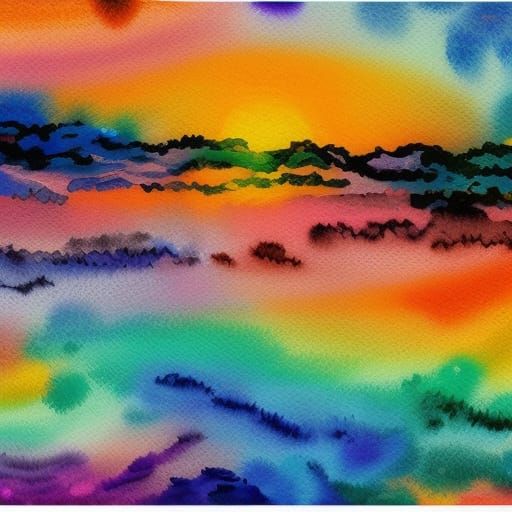 Neon Rainbow Landscape in Gouache Watercolor Style