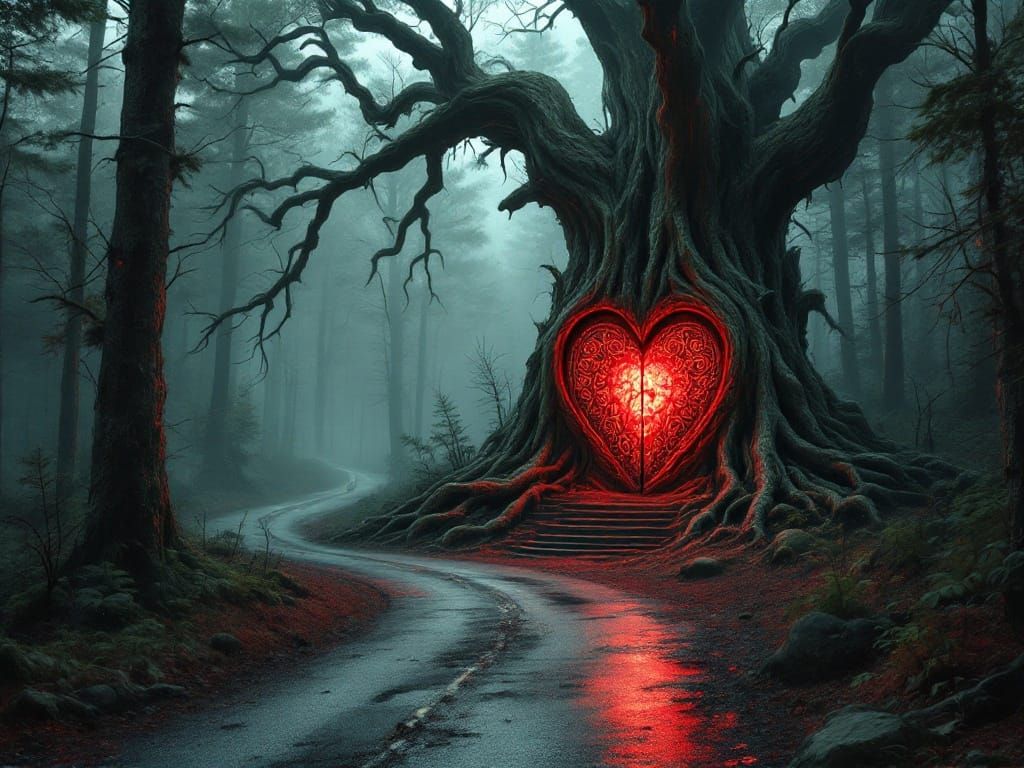 Mysterious Heart Door in Haunted Pine Forest
