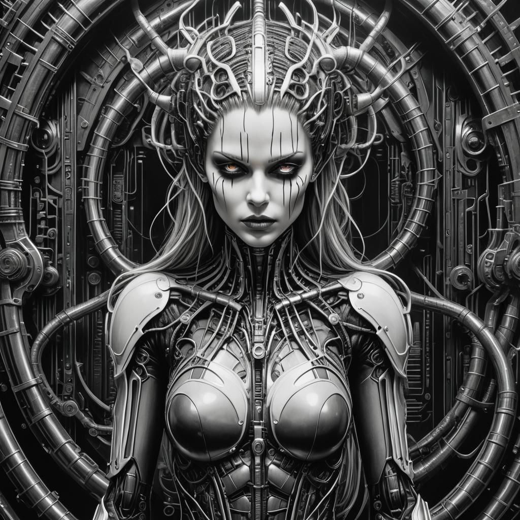 Gothic Cyberpunk Woman: Hyperrealistic Black and White Art