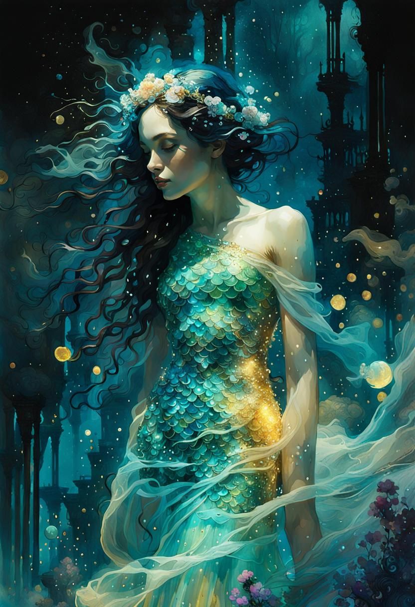 Mystical Mermaid in Dreamy Light, Klimt Style