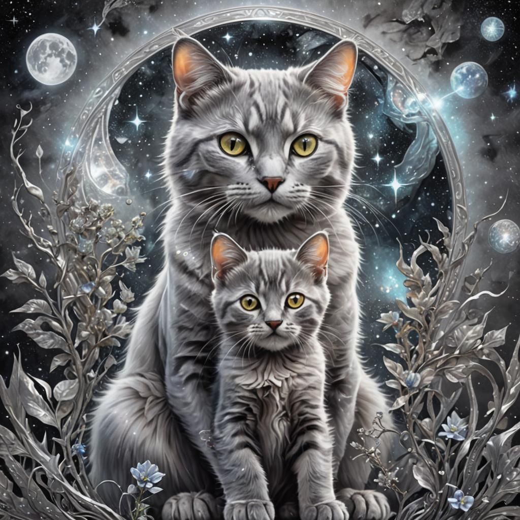 Cosmic Mother Cat and Kitten Illustration