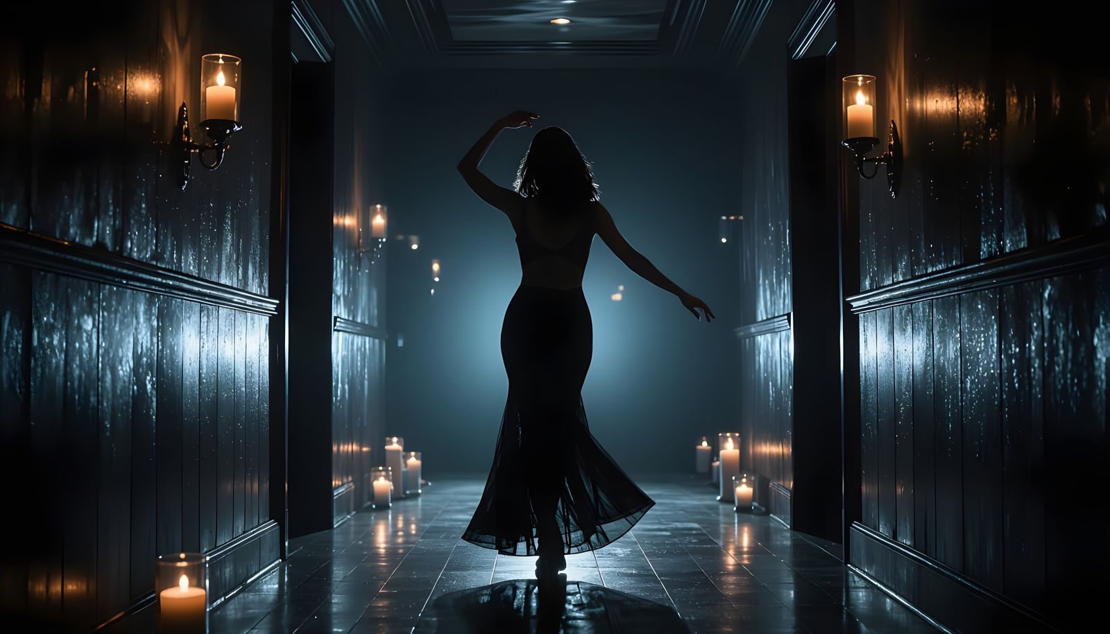 Transparent Woman Dancing in Candlelit Hallway
