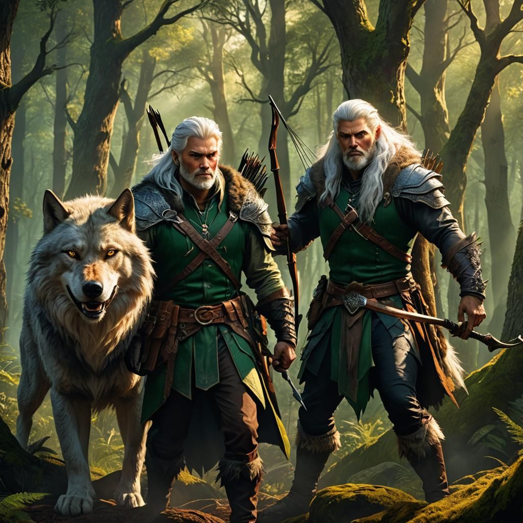 Fantasy Hunter and Werewolf in Mystical Forest
