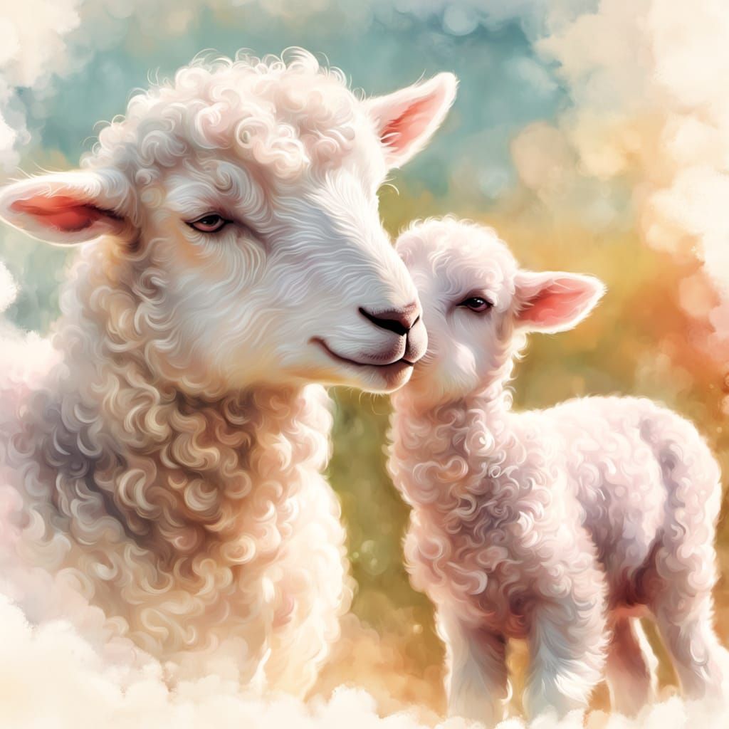 Dreamy Watercolor: Lamb Licks Milk from Mother